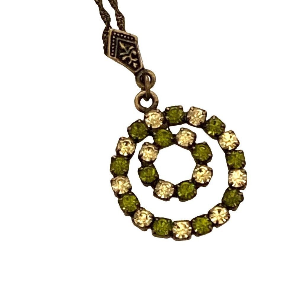 1928 Rhinestone Pendant Necklace Green Clear Stones Signed 15 inch Adjustable